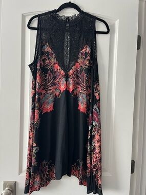 Free People Black Floral Yoke Dress with Red and Teal Accents